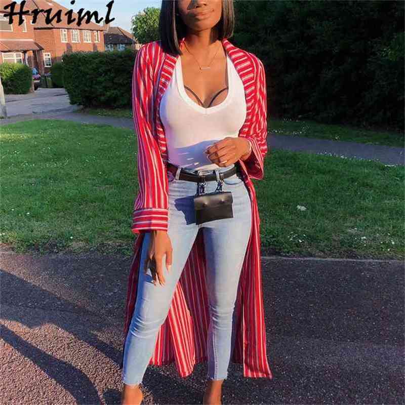 Long Coat Fall Women Fashion Striped Sleeve Open Stitch Female Jackets Plus Size Clothes Drop Ropa De Mujer 210513