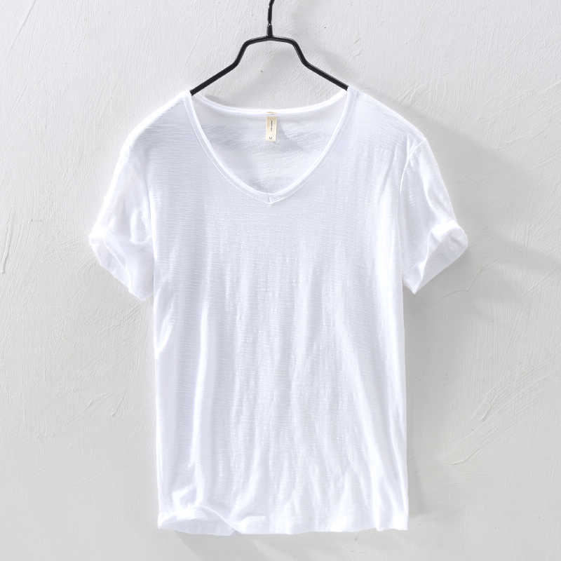 Summer 100% Cotton T-shirt Men V-neck Solid Color Casual T Shirt Basic Tees Plus Size Short Sleeve Tops Y2449 210623