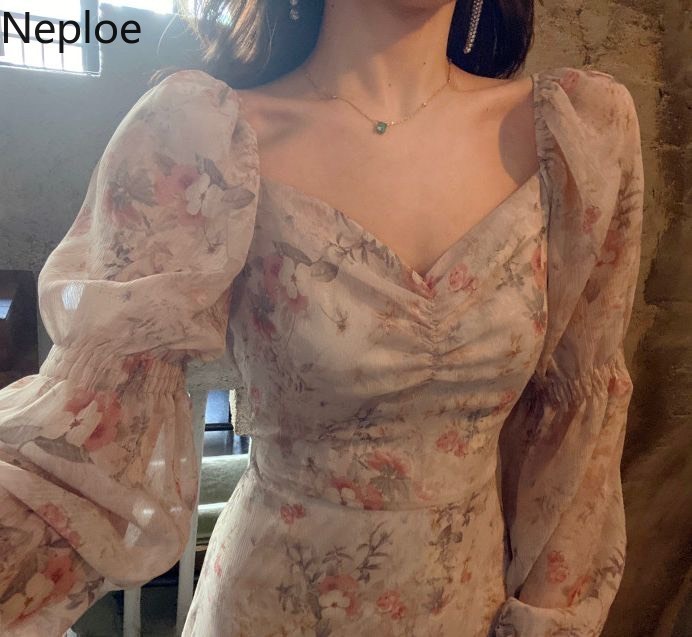 Neploe Floral Print Dress Women Sexy V Neck Puff Sleeve Ladies Vestidos Summer Elegant Slim Waist Female Dresses 1B110 210409