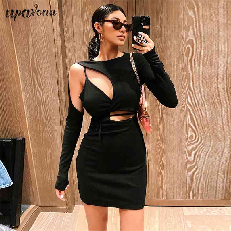 Free Sexy Dresses O Neck Long Sleeve High Waist Hollow Out Lace-Up Dress Bodycon Party Vestidos 210524