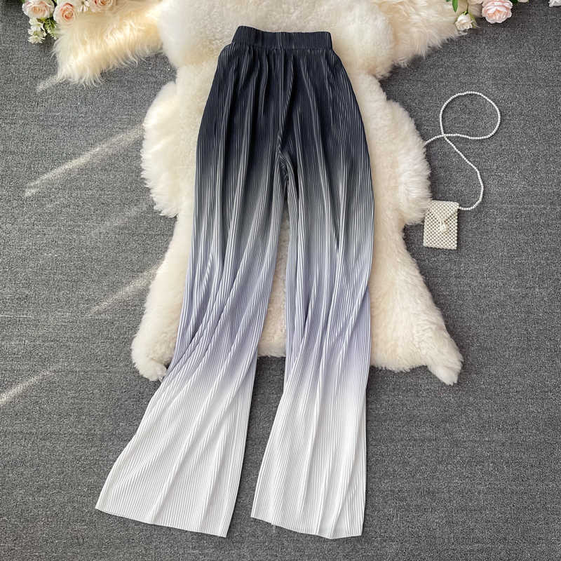 DEAT Women Pleated Straight Gradient Colour Long Pants Arrivals Temperament Fashion Spring Summer 11D1412 210709