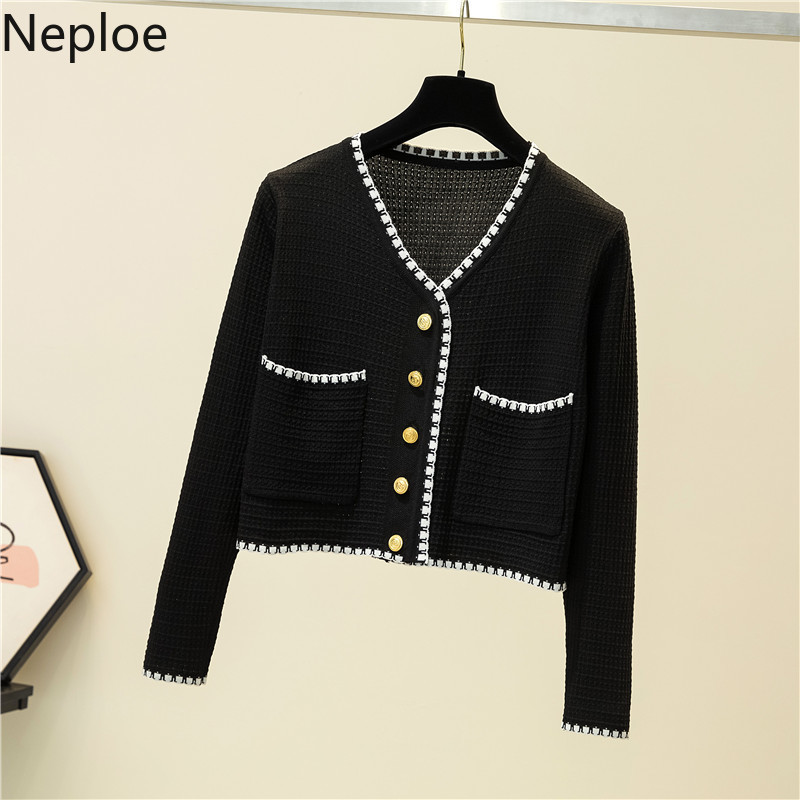 Neploe Woman Jacket Korean Chic Knitted Cardigan Temperament Slim Fit Thin Tops V-neck Long Sleeve Short White Coat Femme 95082 210422