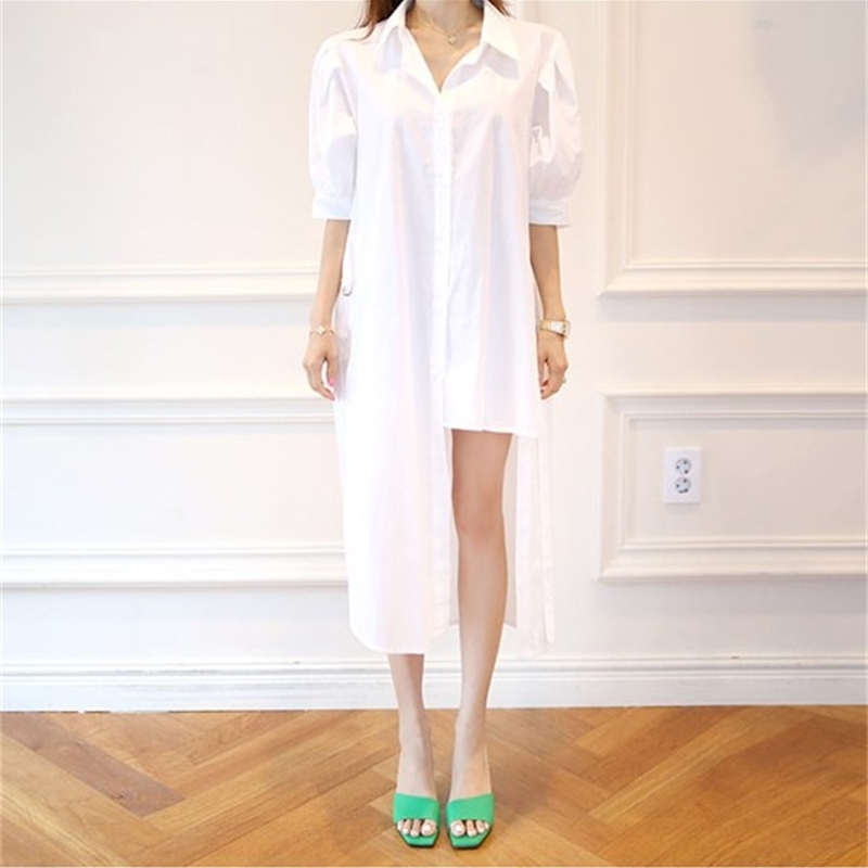 Korean Summer Fashion Shirt Dress female Vintage Irregular Sashes Elegant Women Casual White 210519
