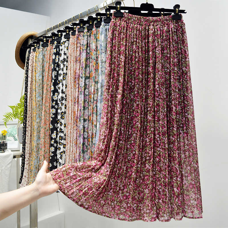 Summer Skirts Womens Vintage Floral Print Chiffon Pleated Elastic High Waist Casual Midi Women Clothes Jupe 210619