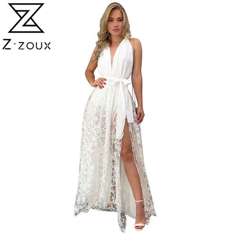 Women Dress Temperament White Lace es Deep V Neck Backless Split Sexy Long Summer Maxi es Fashion 210513
