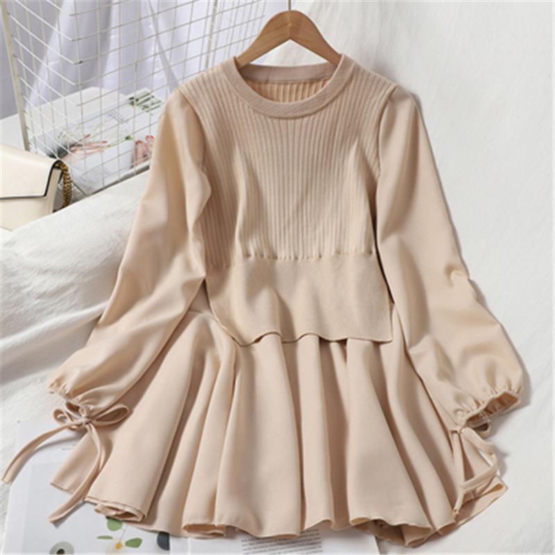 Spring 2021 Fake Two Knitwear Dress Women Korean Patchwork Ruffles Knitted Vestidos O-neck Slim Fit Sweet Pleated Dresses Casual