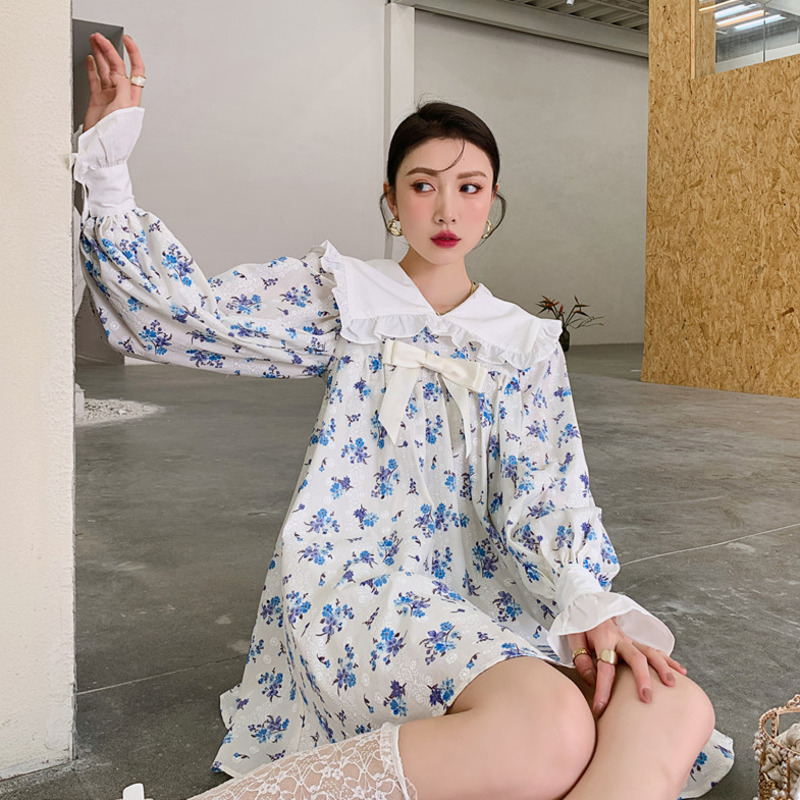 Women Printed floral dress Bow Long Sleeve Peter Pan Collar Dresses Large Size Lady Fashion Summer 2HJ127 210526