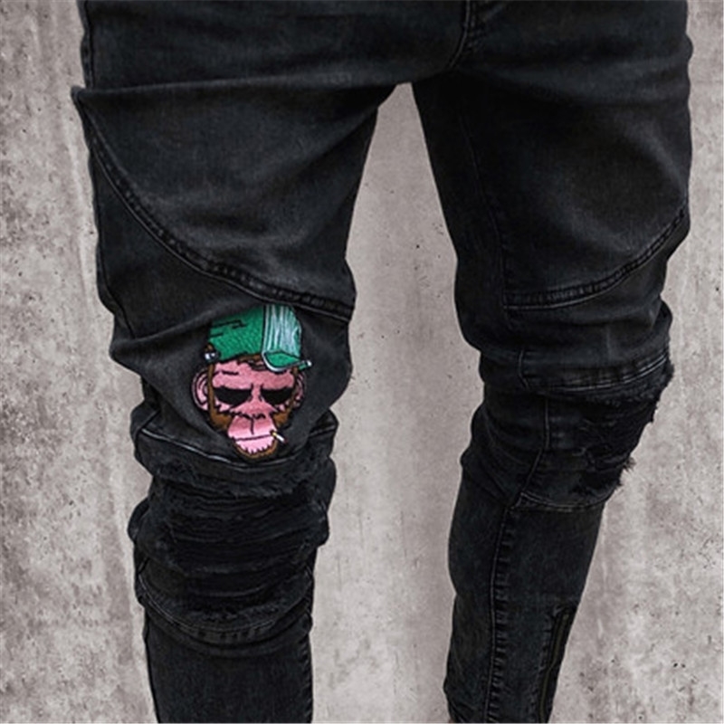 Fashion Mens Skinny black Ripped Slim fit Stretch Denim Frayed Biker Jeans Boys Embroidered Patterns Pencil Trousers 210331