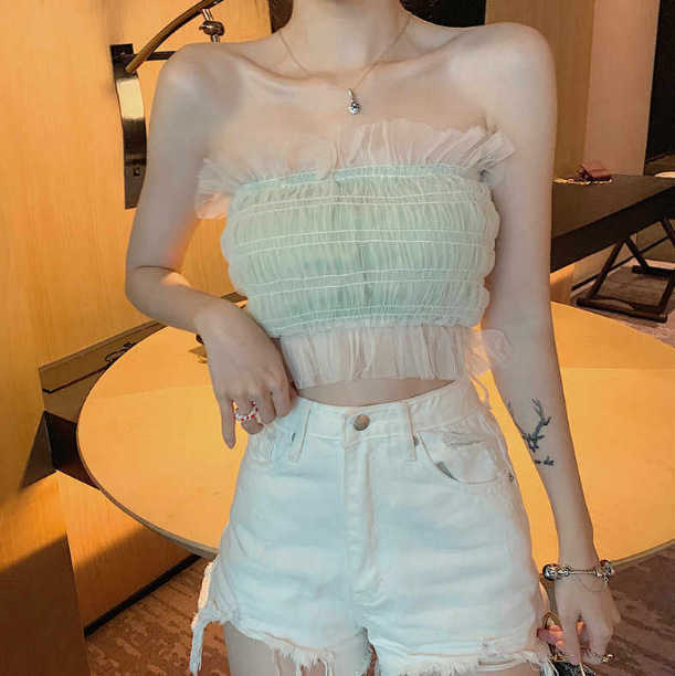 Europe Sexy Strapless Breast Wrap Women's Mesh Lace Big Bust Top Bra Summer Tops Short Comfortable Tank 7PNV 210603