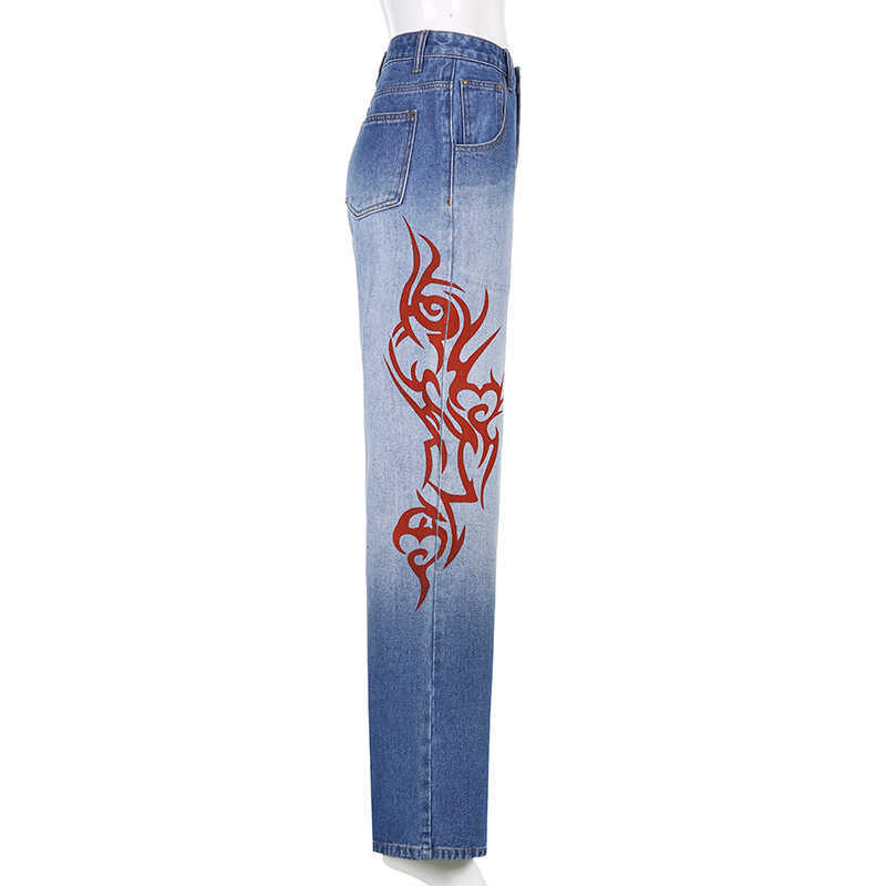 Sweetown Gradient E Girl Baggy Mom Jeans Women Vintage Print Wide Leg Denim Trousers 90s Aesthetic Korean Low Waist Cargo Pants H0908