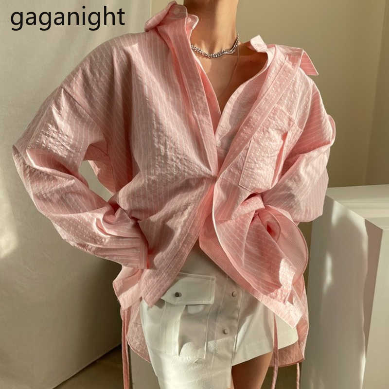 Spring Solid Blue Striped Shirt Casual Women Button Irregular Lace Up Long Sleeve Blouse Tops Female Lapel Blusas 210601