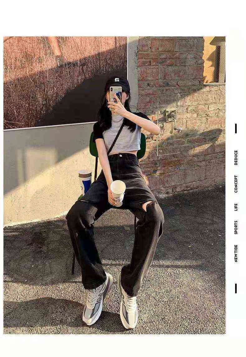 Black high-waist ripped straight-leg jeans women's spring and autumn loose thin drape wide-leg mopping pants 211129