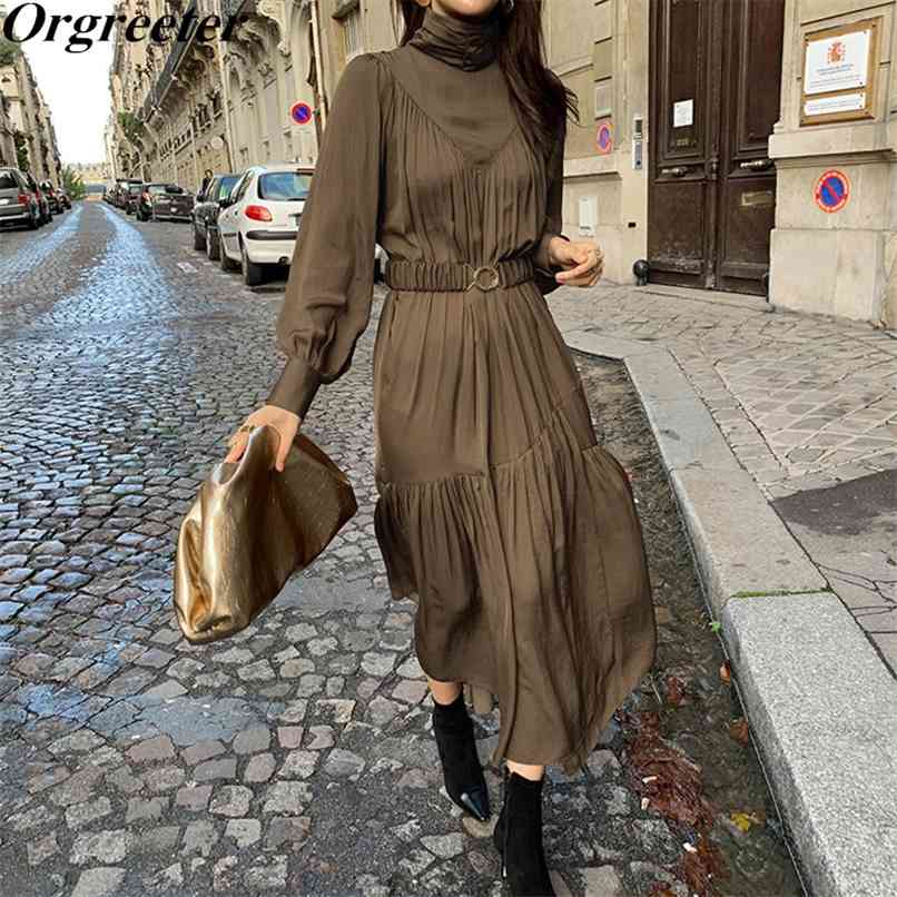 Korean Chic Pleated Design Elegant Temperament Wild Dress Female Turtleneck Bubble Sleeve With Belt Solid Spring Fall 210602, Brown
Korean Chic Pleated Design Elegant Temperament Wild Dress Female Turtleneck Bubble Sleeve With Belt Solid Spring Fall 210602, Brown