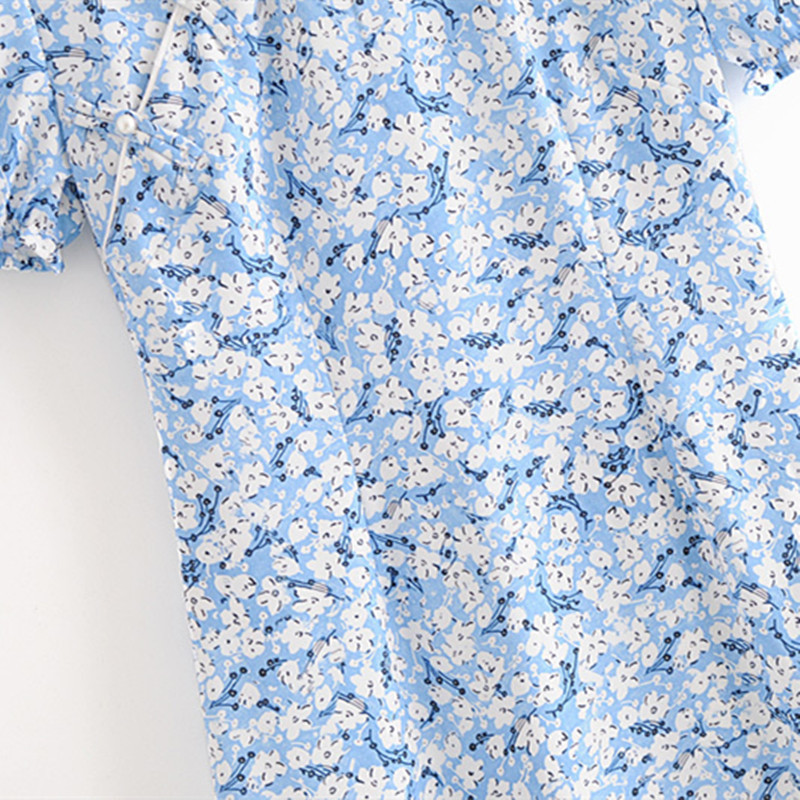 Sweet Women Blue Floral Pearl button Dress Summer Fashion Ladies Elegant Vintage Female cheongsam Mini 210515