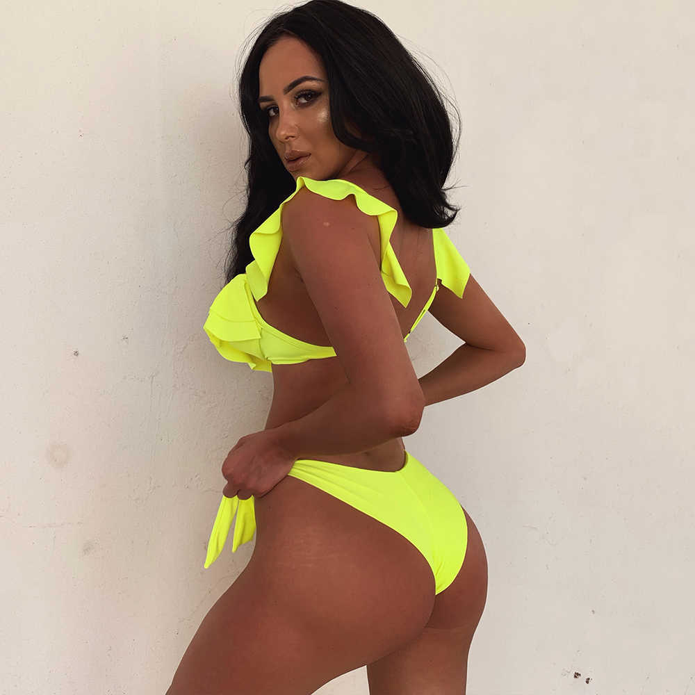 Two Piece Swimwear Women Bikini Yellow Swimsuit Solid Set Ruffle Biquini Tropical Beach Wear Summer Bathing Suit 210625