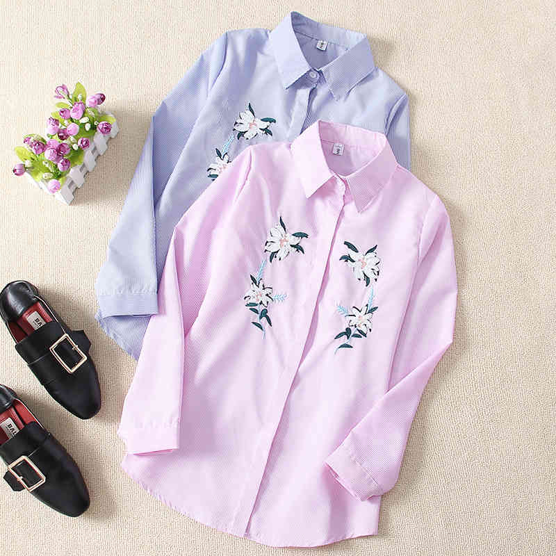 Fashion Women Shirts Long Sleeve Casual Tops Office Lady Embroidery Floral Turn-down Collar Clothing 5140 50 210506
