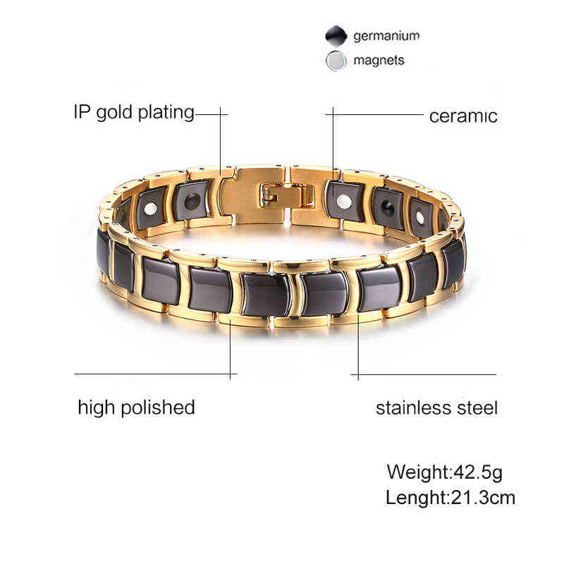 Vinterly Steel Magnetic Bracelet Male Black Ceramic Energy Germanium s Men Hand Chain Gold Color Hologram 211124