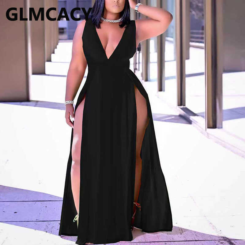 Sleeveless V Neck Maxi Dress Elegant Evening Party High Slit Dresses Vestidos 210702