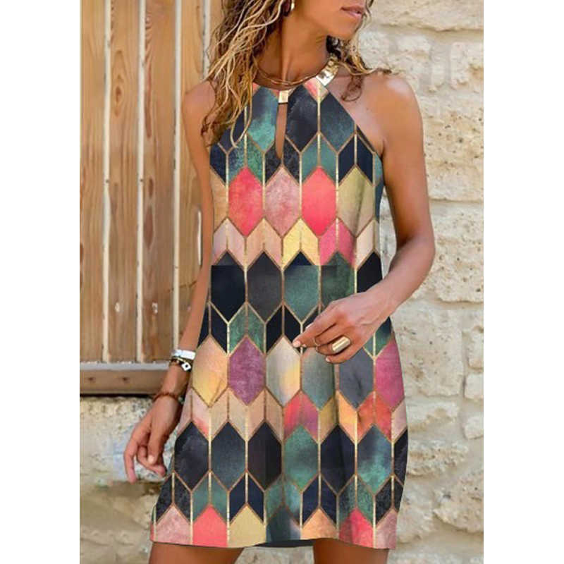 Summer Harajuku Halter Sleeveless Print Dresses Women Casual Leopard Sexy Hollow Out Plus Size Beach A-line Midi Dress Robe 210623