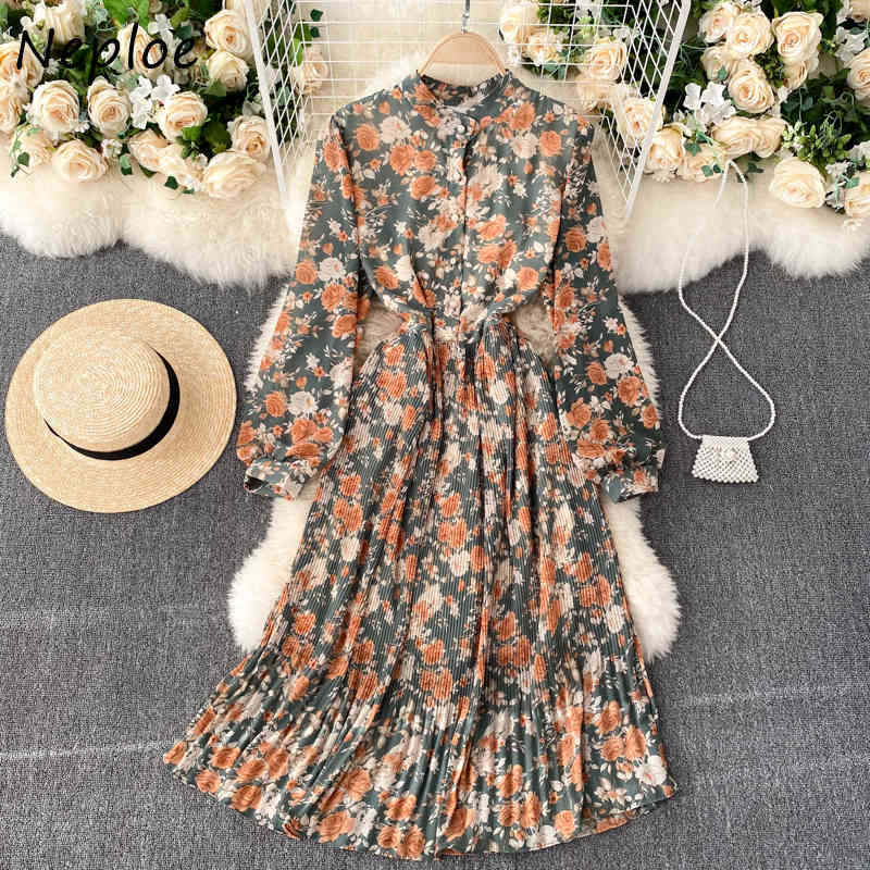 Neploe O Neck Pullover Long Sleeve Dress Women High Waist Hip A Line Print Vestidos Mujer Spring New Draped Robe Slim Dress 210422