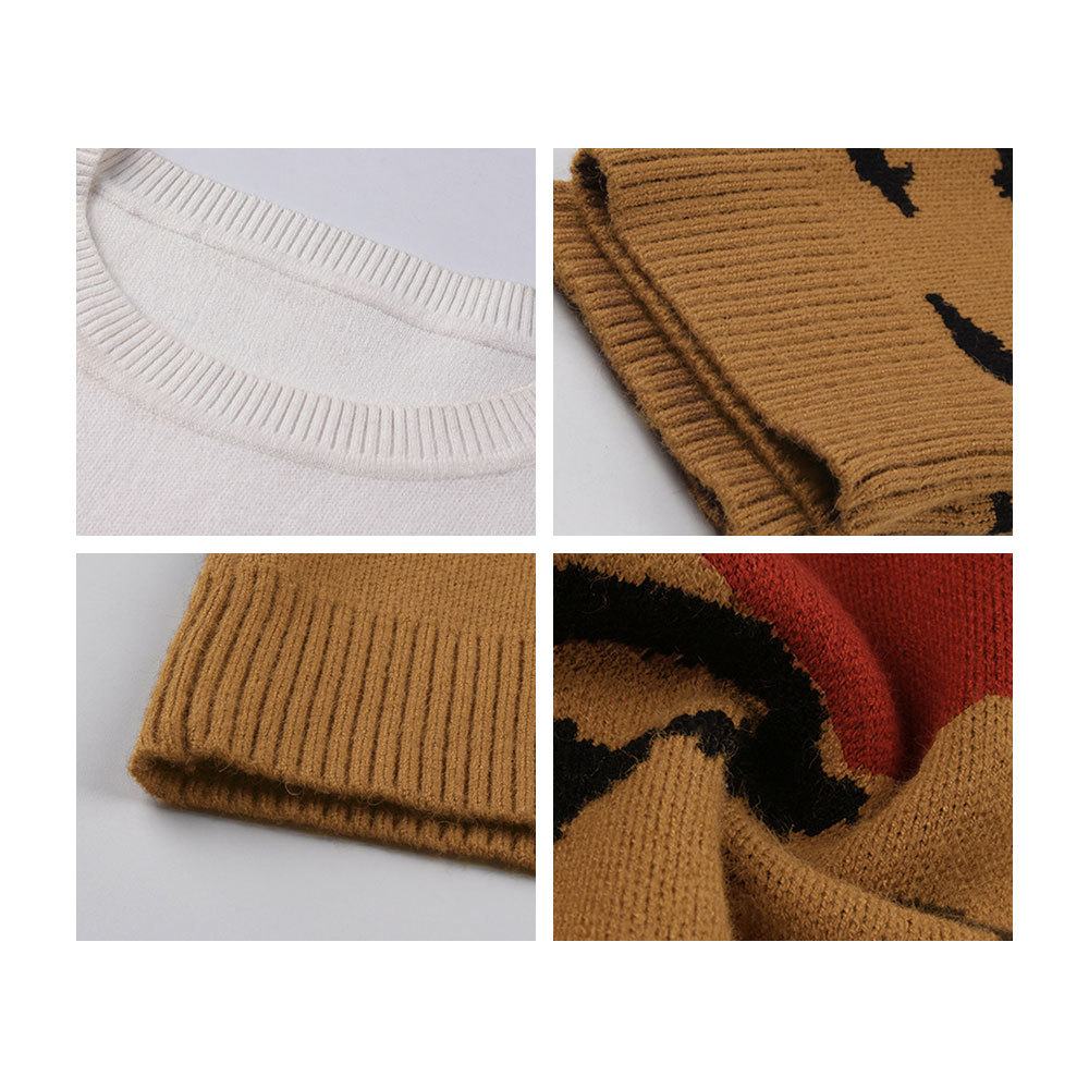 Fashion Leopard Patchwork Winter Ladies Knitted Sweater Women O-neck Full Sleeve Jumper Pullovers Top Khaki Brown Clothes 210428