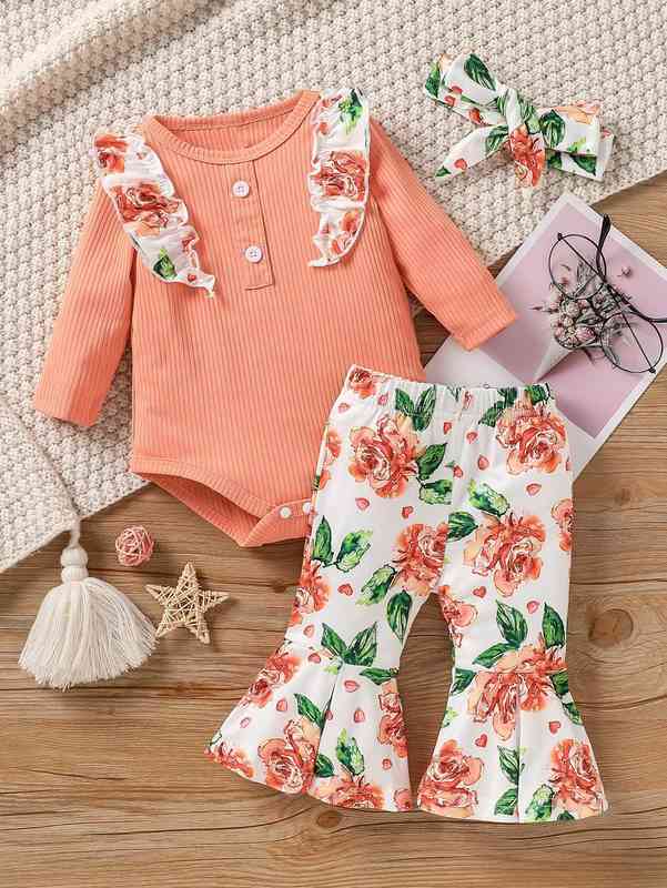 Baby Floral Print Ruffle Trim Bodysuit & Flare Leg Pants & Headband SHE
