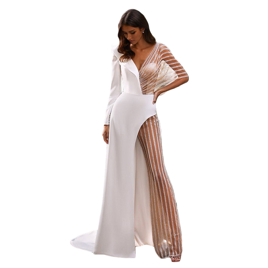 2021 Unique Design White Splicing Mermaid Wedding Dress V Neck Bridal Gowns Backless Beads Arabic Marriage Dresses Robe De Mariee