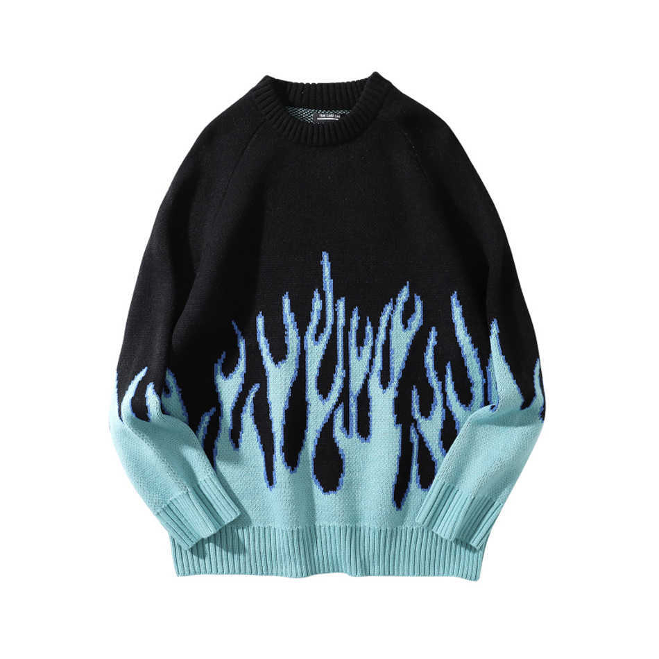 Autumn New Men's Retro Flame Pattern Hip Hop Sweaters Pull Over Spandex O-neck Oversize Couple Casual Streetwear Y0907