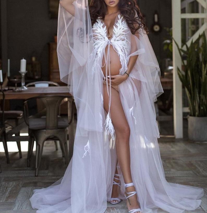 Chic Ruffles Women Sleepwear Maternity Sexy Illusion Tiered V Neck Long Sleeve Nightdress For Pregnant Party Evening Dress Gowns