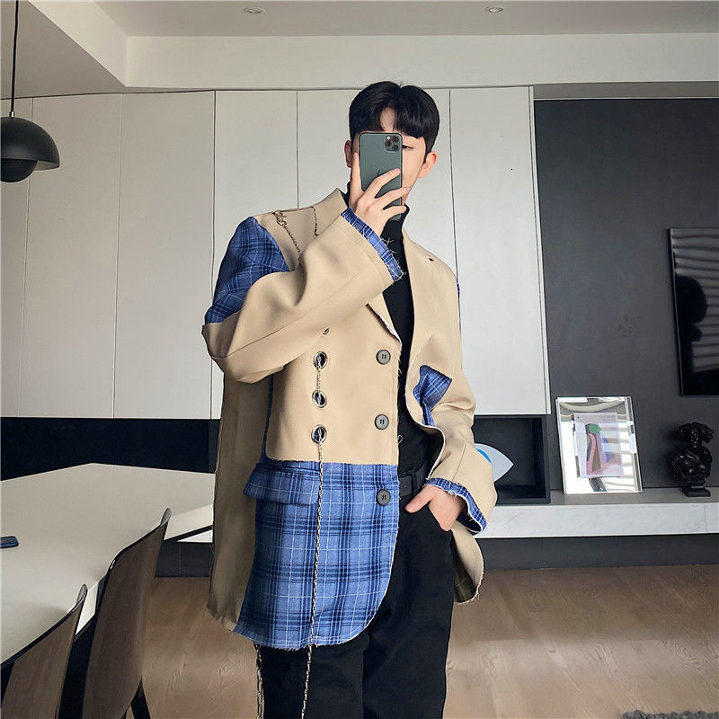 IEFB Korean blue paid color block patchwork blazers for men spring deisgn chian suit coat mens streetwear coat raw 9Y4396 210524