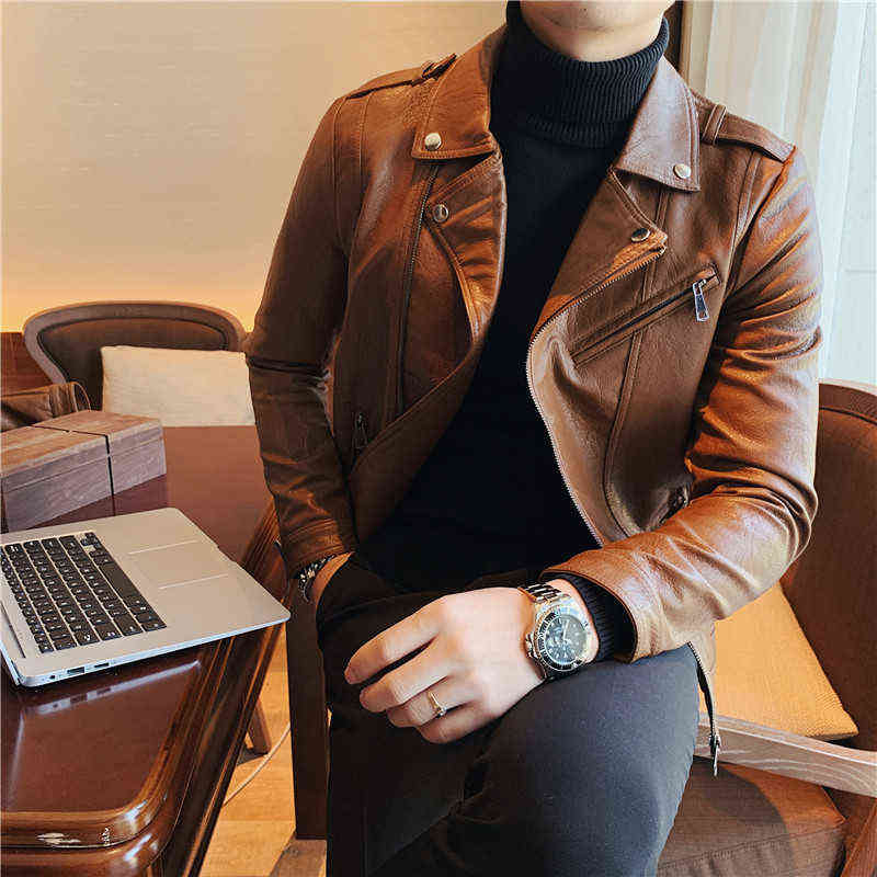 High Quality Autumn Winter Fashion Diagonal Zipper Pu Leather Jacket Men Clothing Slim Fit Turn Down Collar Casual Coat 3XL 211111