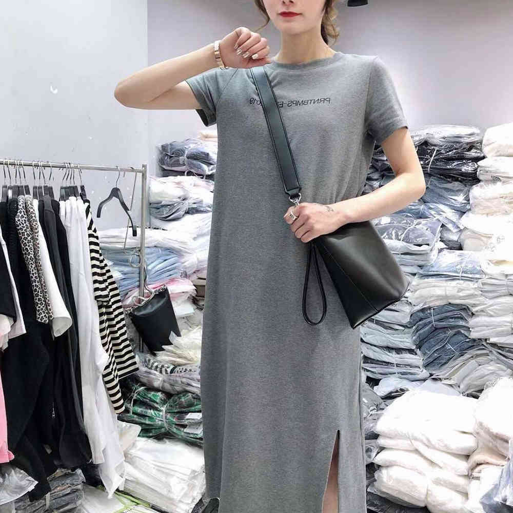 Summer Long Casual Dress for Women Loose Short Sleeve Straight Solid Letter Beach Maxi Dress Plus Size Ladies Shirt Dress 210518