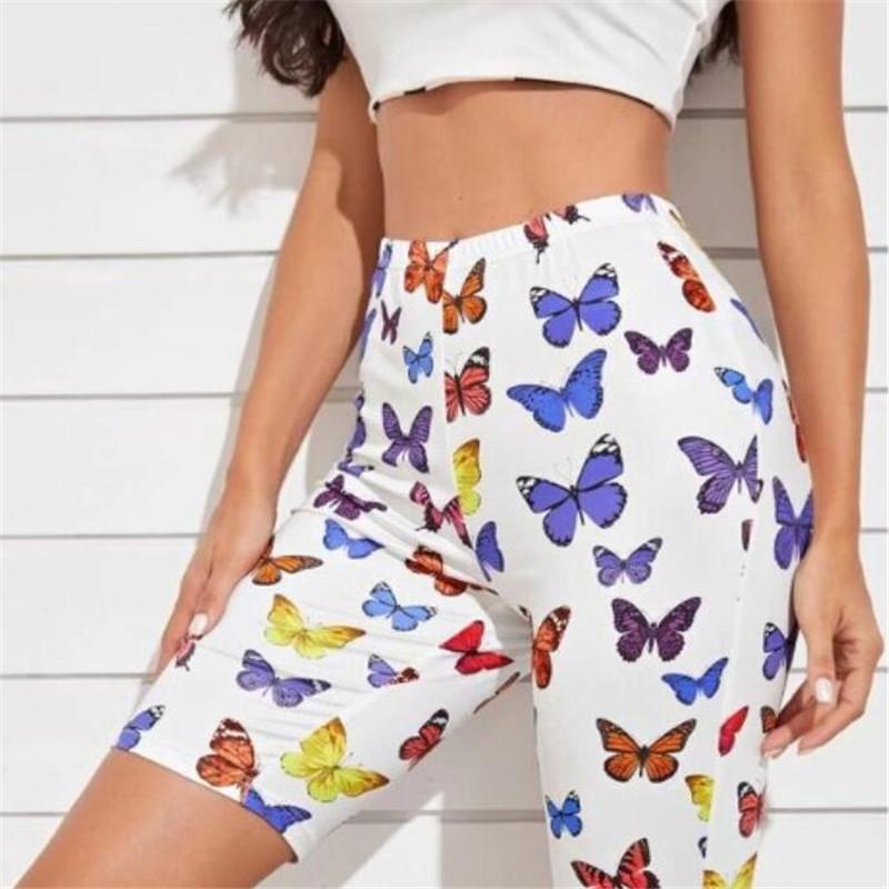 Women Trendy Butterfly Print Sport Biker Bag Hip Shorts Summer Jog Fitness Athletic Skinny Retro Stretchy Hop Women's