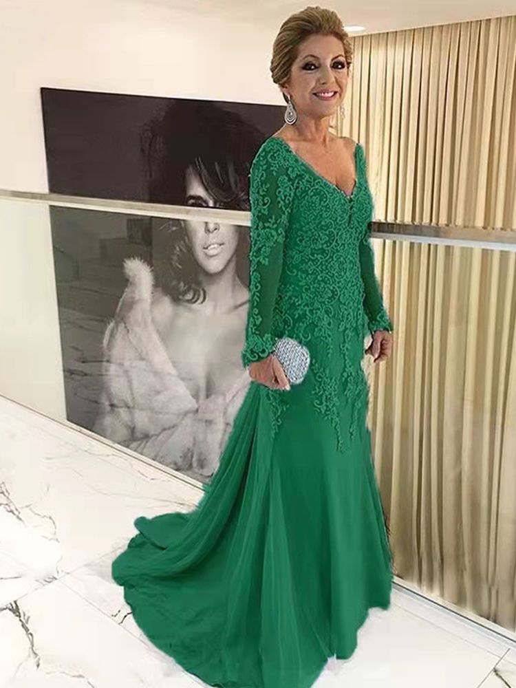 Elegantt Champagne Lace Long Mother Of The Bride Dresses V Neck Full Sleeve Wedding Party Gowns Guest Formal Evening Dress God Mom Celebrity Wear