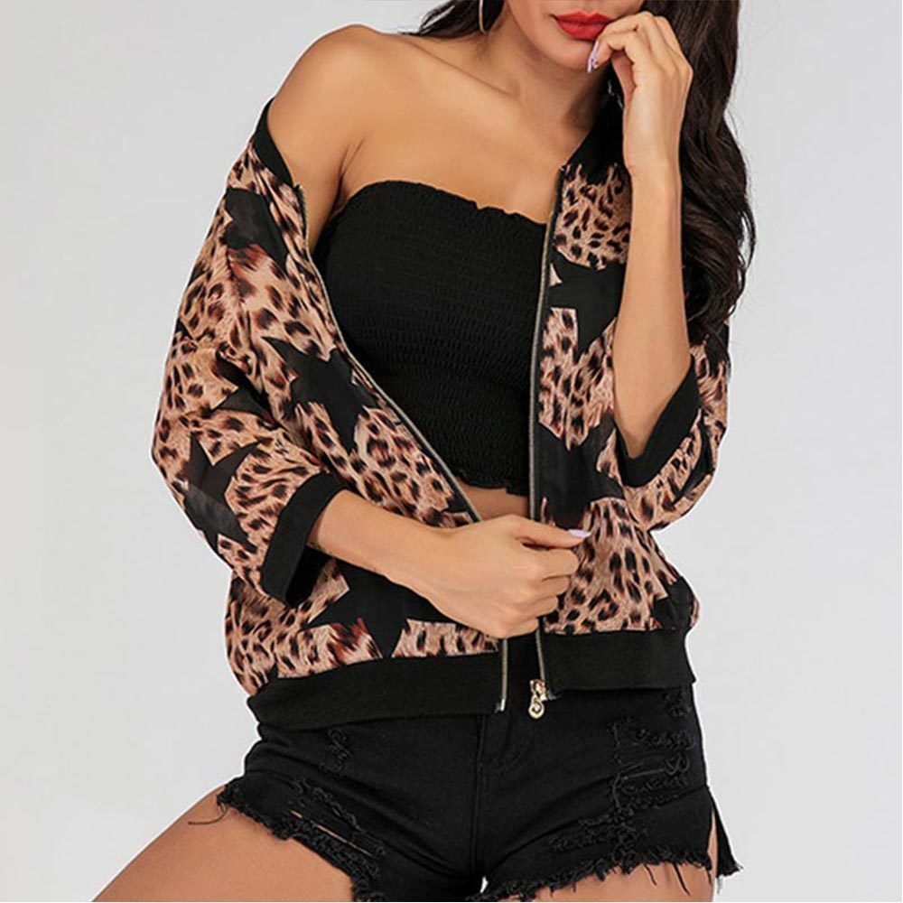 Women Fashion Pattern Print Bomber Jackets Autumn Vintage Leopard Coats Casual Zipper Basic Streetwear 210428