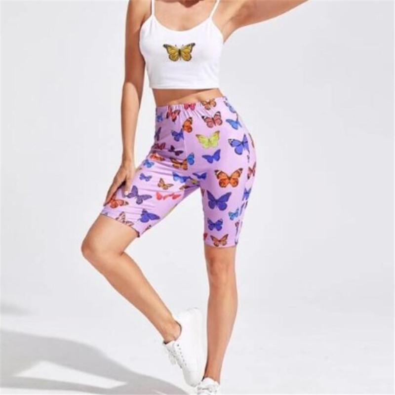 Women Trendy Butterfly Print Sport Biker Bag Hip Shorts Summer Jog Fitness Athletic Skinny Retro Stretchy Hop Women's