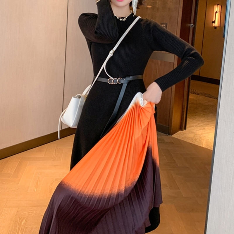 Autumn Winter Vintage Elegant Knit Long Sleeve Midi Work Office Lady Pleated Dress Slim Formal Gradient Women Clothes 210520