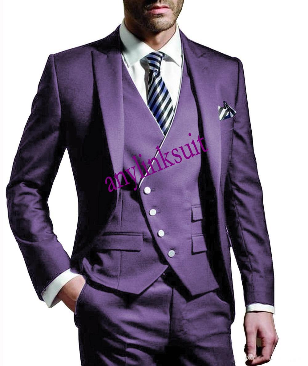 High Quality One Button Burgundy Groom Tuxedos Peak Lapel Wedding/Prom/Dinner Groomsmen Men Suits Blazer (Jacket+Pants+Vest+Tie) W1362