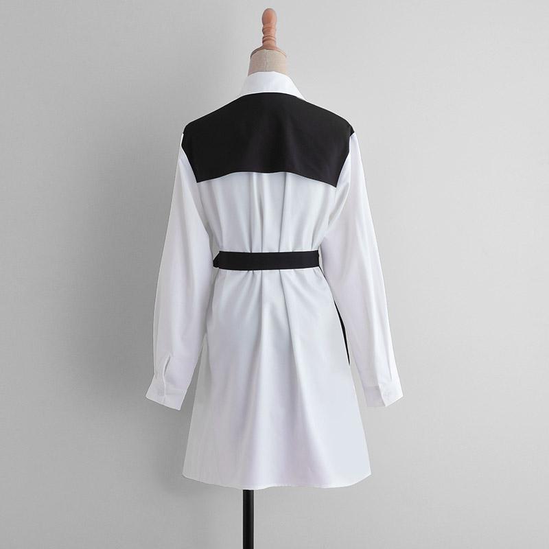 Fashion Shirt Dress Women 2021 Black White Patchwork Long Sleeve Turn Down Collar Single-breasted Short Mini Casual Dresses
