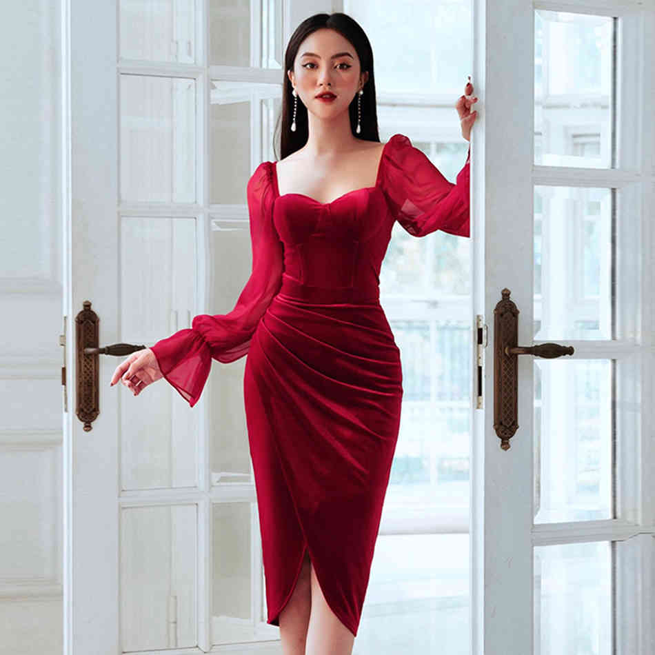 Free Spring Women's Burgundy Velvet Dress Sexy Lantern Sleeve Bodycon Draped Club Party Midi Vestidos 210524