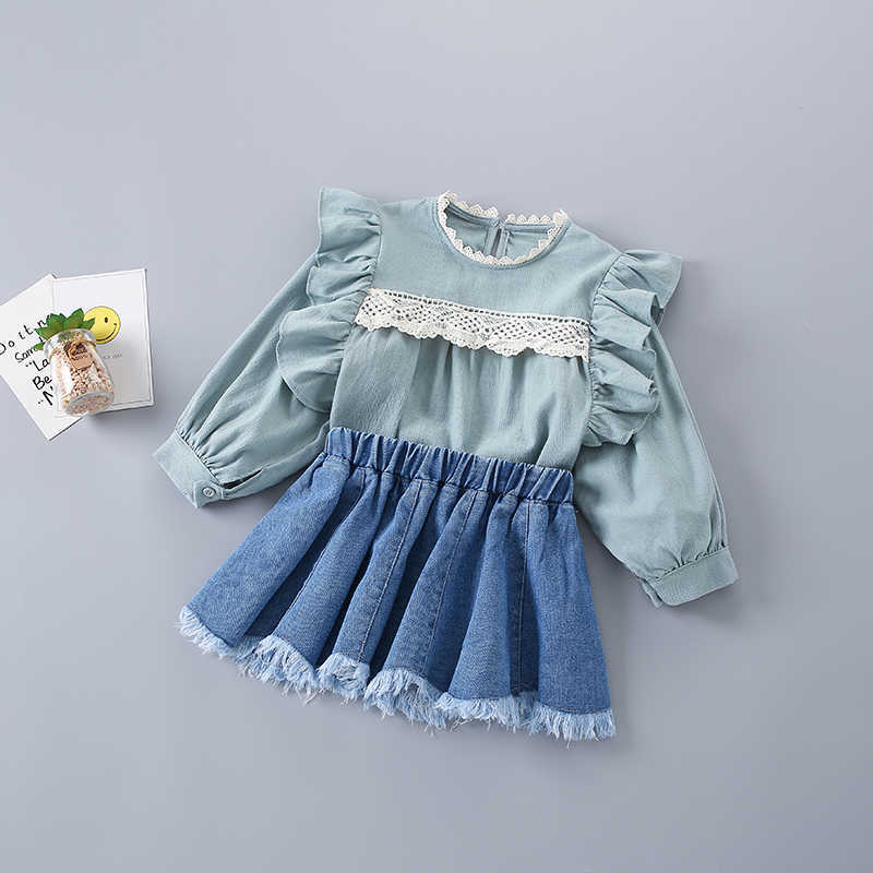 2-7 Years High Quality Spring Girl Clothing Set Fashion Casual Lace Shirt + Denim Skirt Kid Children Girls 210615