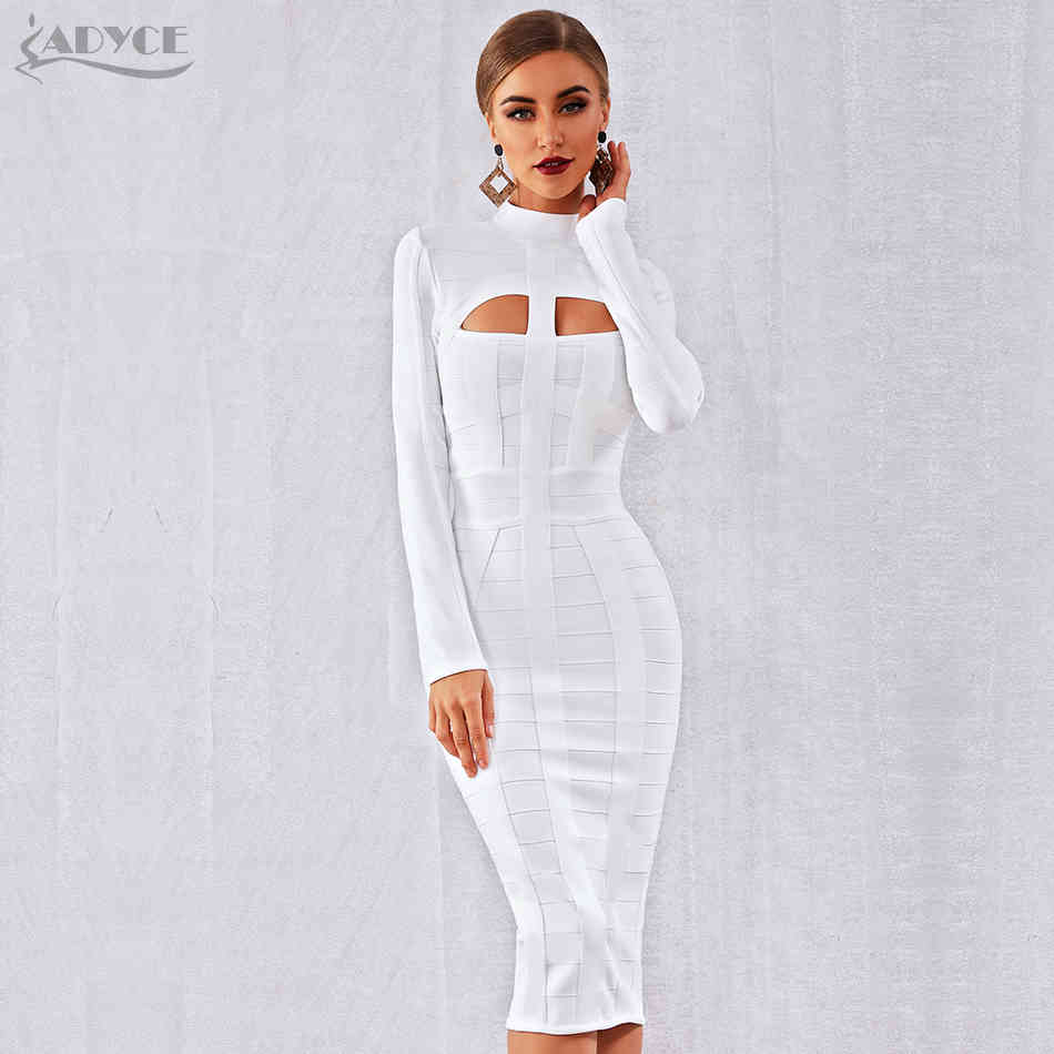 Autumn Women White Bodycon Bandage Dress Long Sleeve Sexy Hollow Out Club Celebrity Evening Party Vestidos 210423