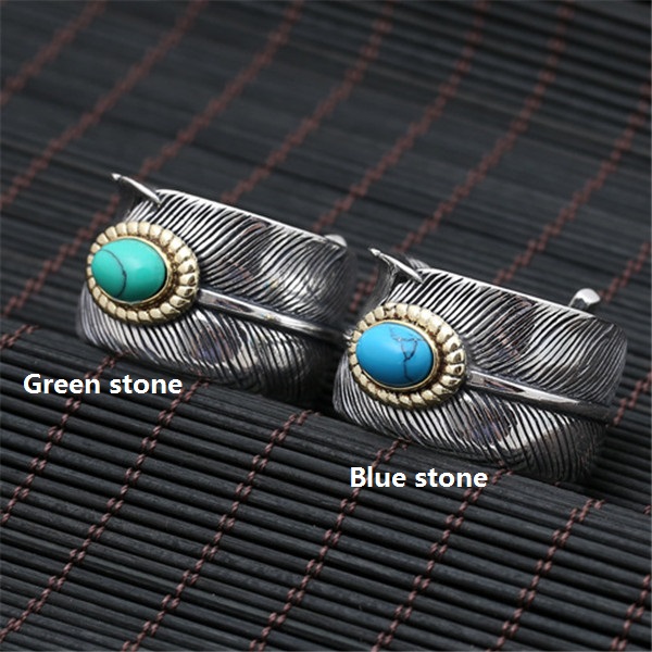 925 sterling adjustable Solitaire rings feather with turquoise stones American Europe antique handmade designer punk gothic Luxury jewelry accessories