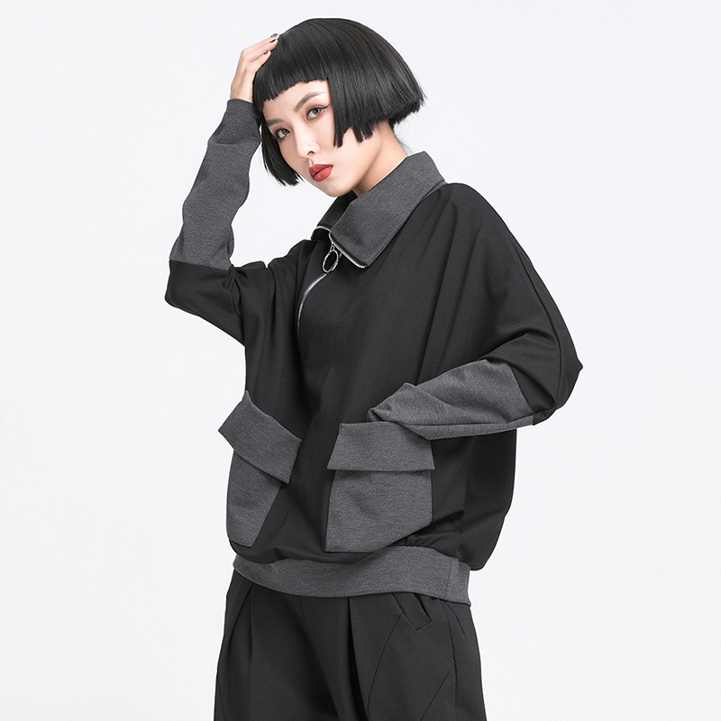 EAM Women Zipper Irregular Split Joint Pocket Big Size Tshirt Lapel Long Sleeve Fashion Spring Summer 1Y769 210406