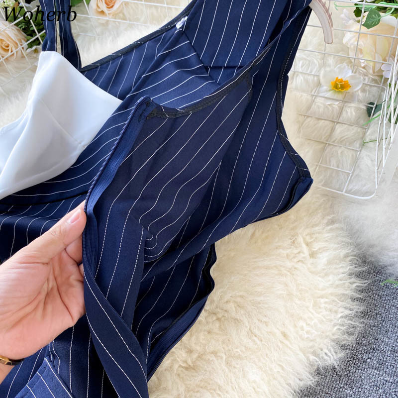 Fashion Robe Women High Street A-line Dress Summer V Neck Sleeveless Striped Patchwork Irregular Dresses Slim Vestidos 210519