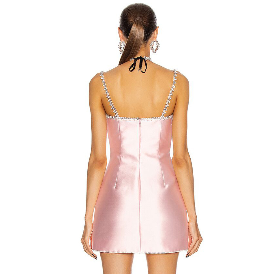 Summer Spaghetti Strap Mini Pink V Neck Dress For Women Sexy Sleeveless Diamonds Lady Club Evening Party Sundress 210423