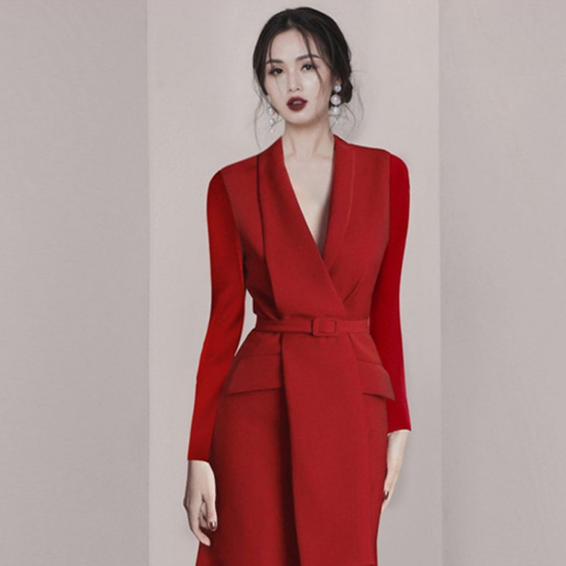 high quality temperament business elegant vestido da festa Autumn Winter Korean OL belt waist Notched Long sleeve Red dress 210519