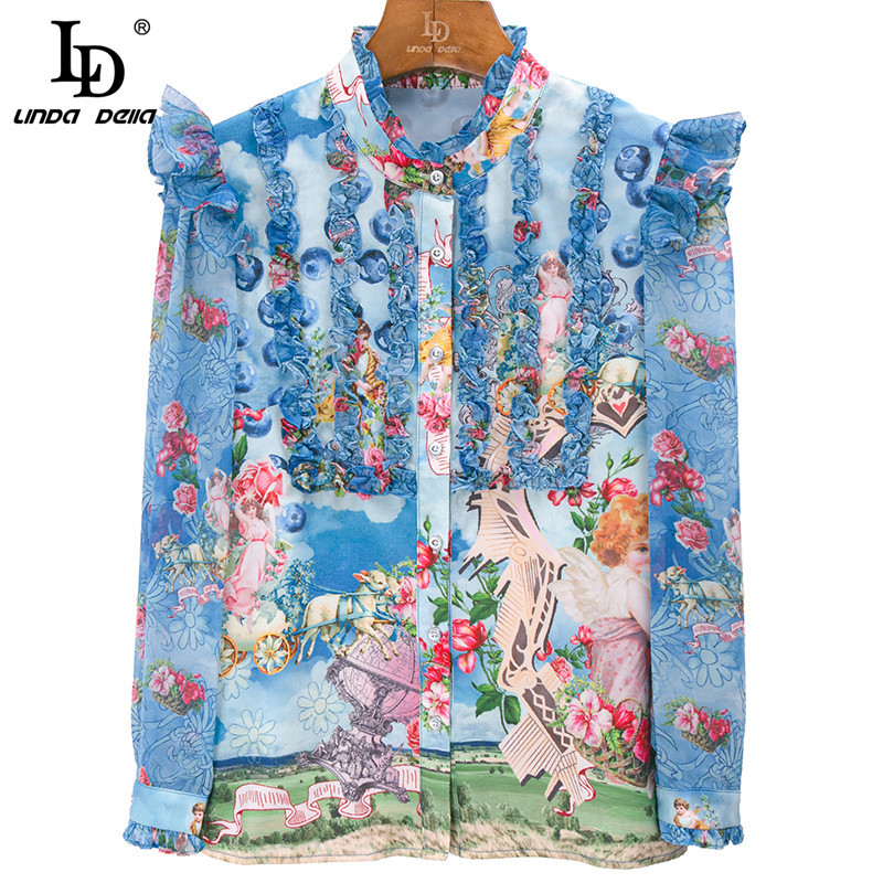 Autumn Fashion Runway Short Skirt Sets Women's Long sleeve Print Shirt and Slim Mermaid Skirts Two Piece Suit 210522