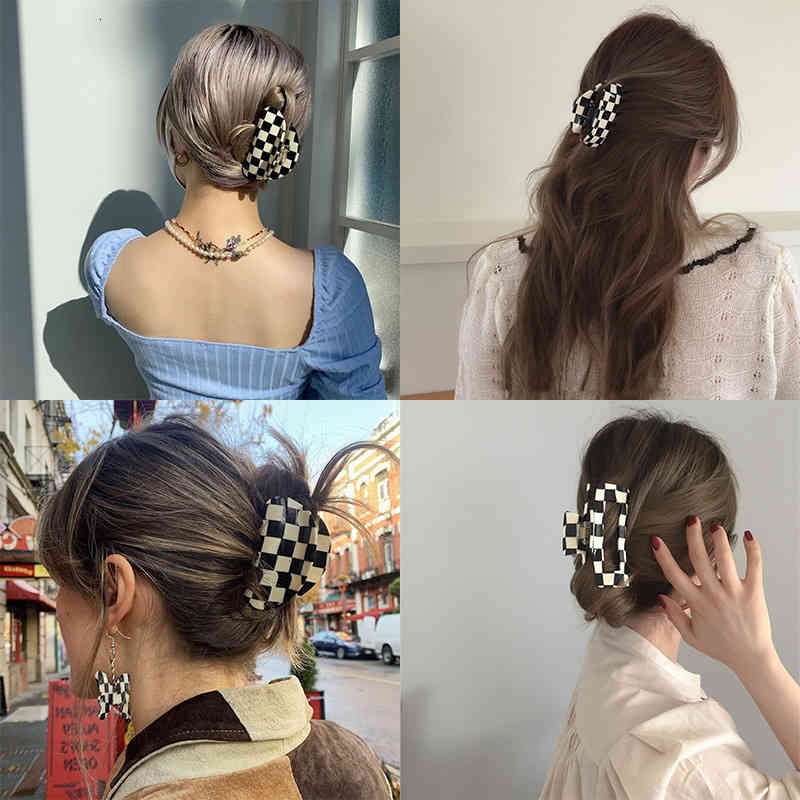 Hair Accessories Jewelry Korean Temperament with Black-and-white Chessboard Grid Red Acrylic Clip Shark Female Back of Head Grab pin