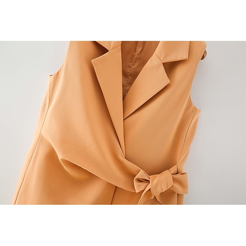 fashion women solid orange vest elegant lady v-neck bow outerwear causal female slim girls chic sets 210430